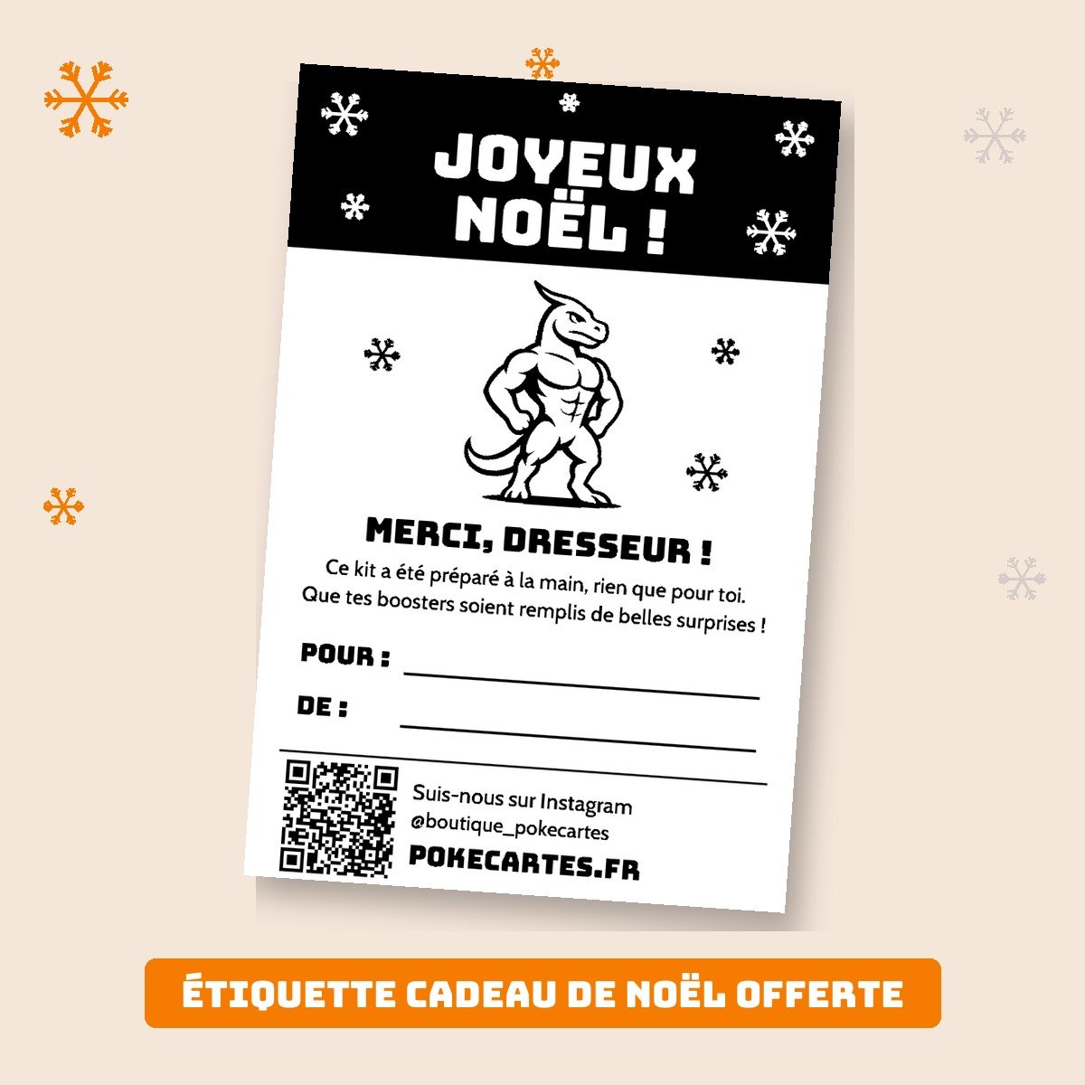 Étiquette cadeau de Noël Pokécartes offerte dans chaque Kit du Dresseur de Noël, à compléter Pour / De