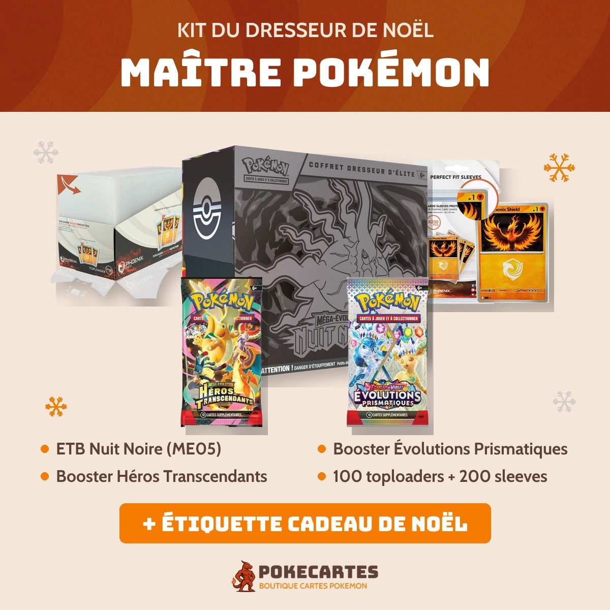Contenu du Kit du Dresseur de Noël Maître Pokémon : ETB Nuit Noire, 2 boosters, toploaders et sleeves, étiquette cadeau de Noël