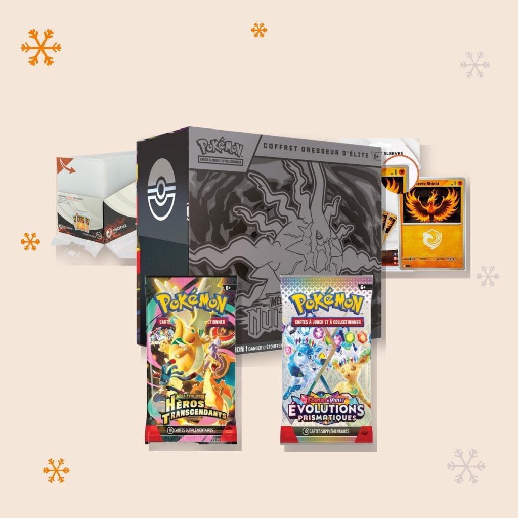Coffret Pokémon de Noël : Kit du Dresseur de Noël Maître Pokémon, ETB Nuit Noire, 2 boosters, toploaders et sleeves