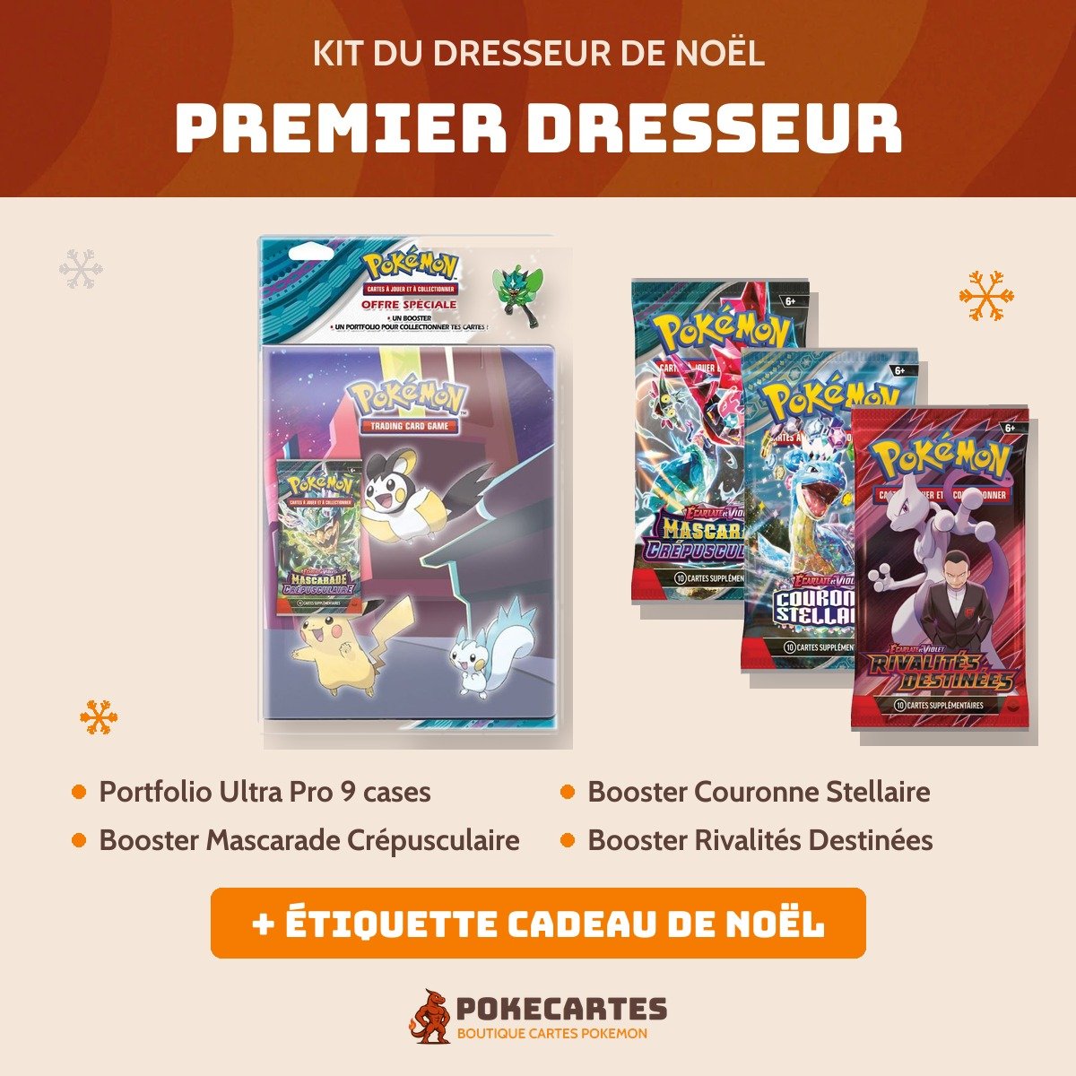 Contenu du Kit du Dresseur de Noël Premier Dresseur : portfolio Ultra Pro et 3 boosters, étiquette cadeau de Noël