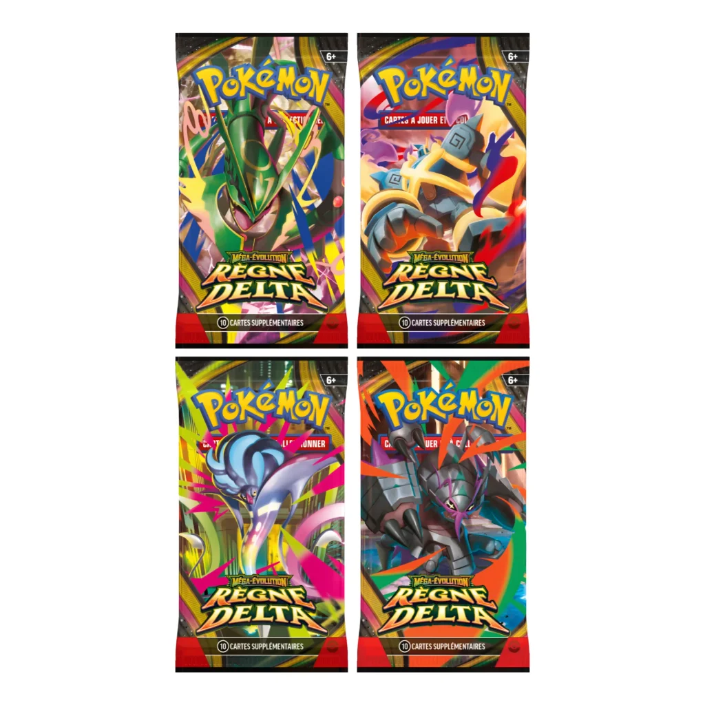 Les boosters de l'extension Pokémon Règne Delta ME06 avec Méga-Rayquaza-ex